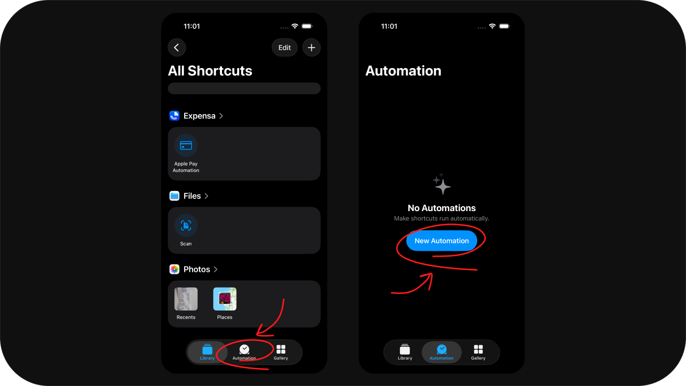 Automation tab in Shortcuts