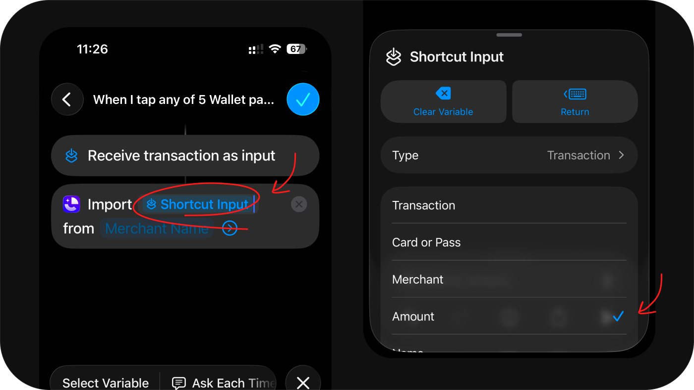 Selecting Shortcut Input for the variable